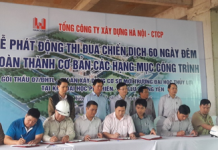 HANCORP phát động thi đua thi công Gói thầu 7 tại Dự án Đại học Thủy lợi mới Giám đốc Ban Điều hành dự án cùng đại diện lãnh đạo các đơn vị thi công cùng ký vào giao ước thi đua hoàn thành các mốc tiến độ dự án.
